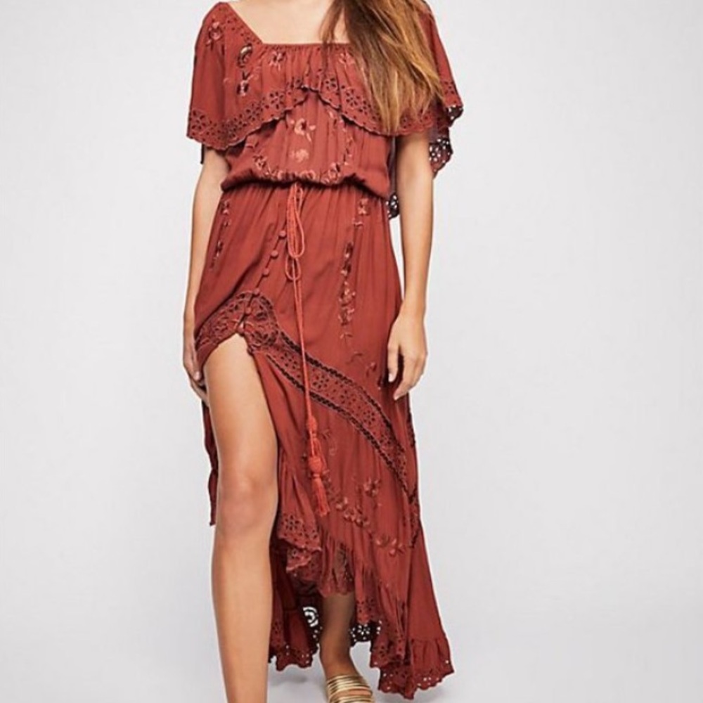 Fillyboo Tambourine Off-Shoulder Boho Maxi Dress in Rust